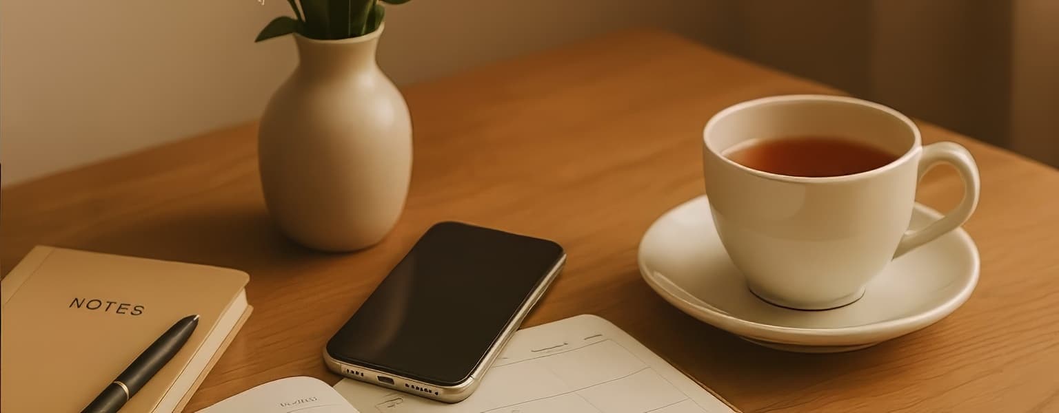 Handy, Tasse Tee, Kalender und Notizbuch auf Holztisch – Kontakt, Planung und Entspannung im Alltag.