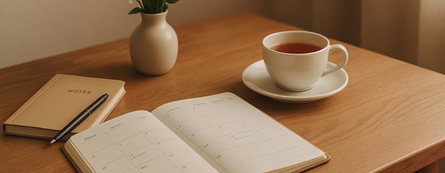 Tasse Tee mit Kalender und Notizbuch auf Holztisch – Planung und Entspannung im Alltag.