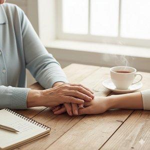 Zwei Menschen halten sich am Tisch einfühlsam die Hände – Symbol für Vertrauen und Unterstützung in der Alltagsbegleitung.
