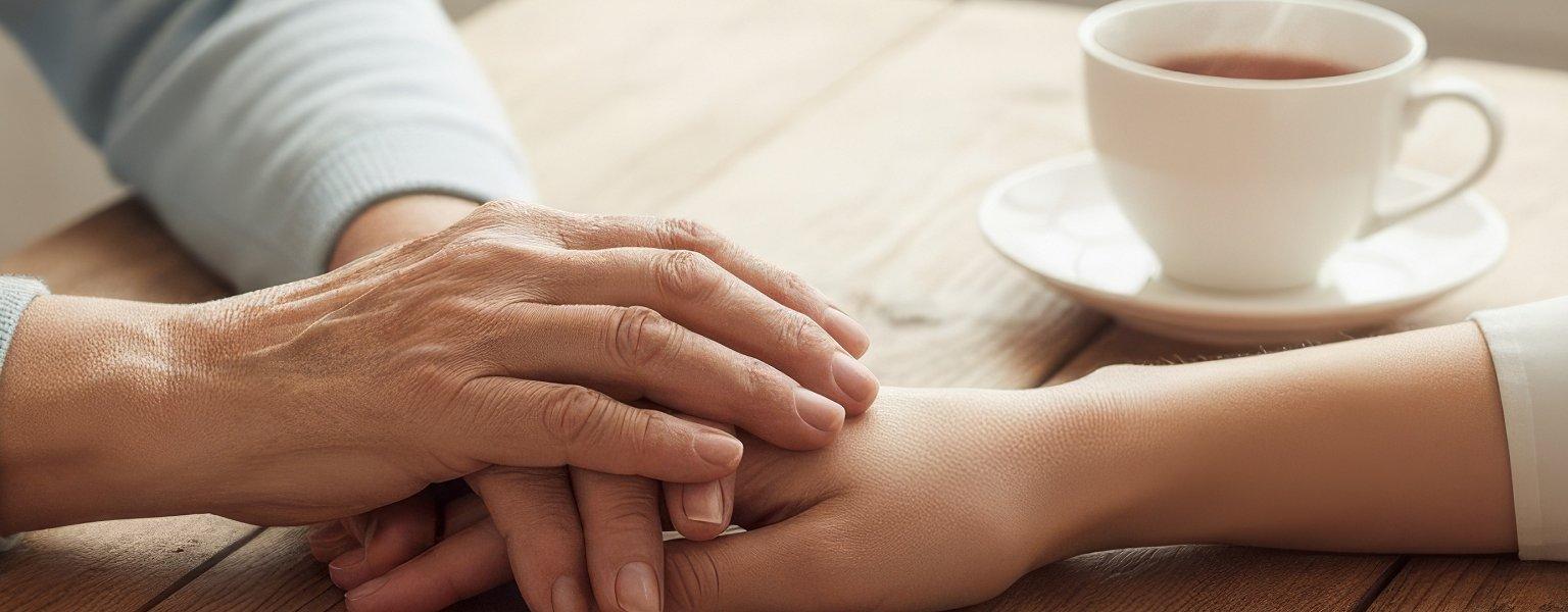 Einfühlsame Geste mit zwei haltenden Händen am Tisch – Alltagsbegleitung bei einer Tasse Tee.