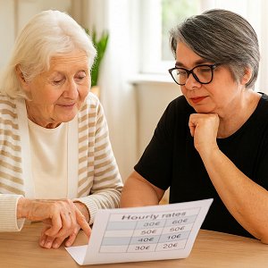 Seniorin bespricht Stundensätze mit Begleiterin ab.