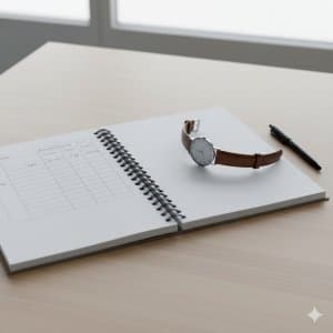 Armbanduhr auf Notizblock mit Tabelle und Stift auf Schreibtisch – Symbol für Zeitmanagement und Büroorganisation.